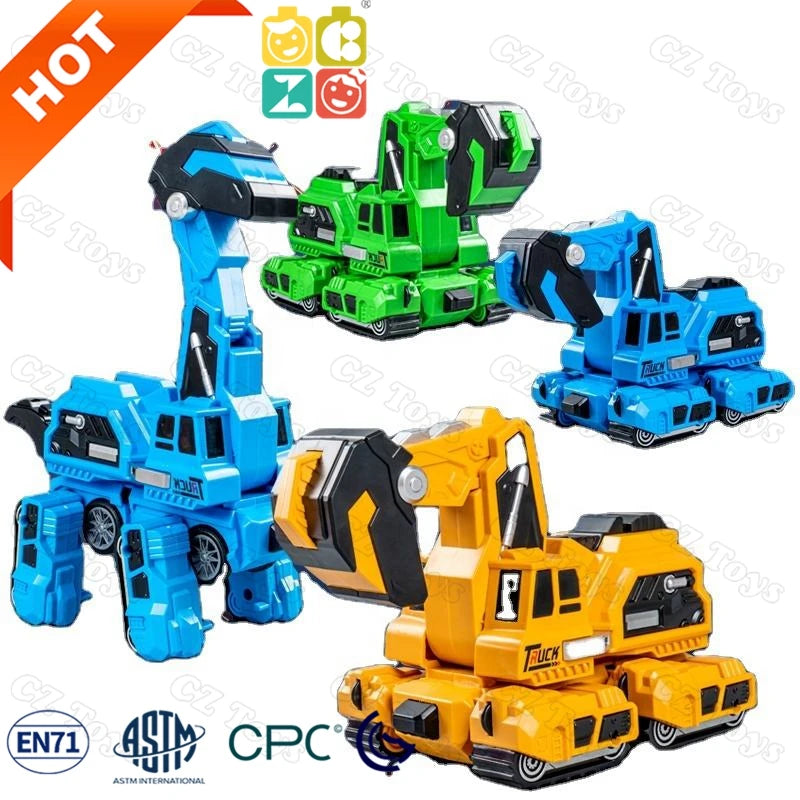 Đồ chơi xe cẩu robot màu vàng, xanh lá, xanh dương, trên nền trắng, biểu tượng HOT góc trái.