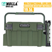 Hộp đựng mồi đa năng màu xanh lá, dung tích 19.5L, có tay cầm và chống ăn mòn.