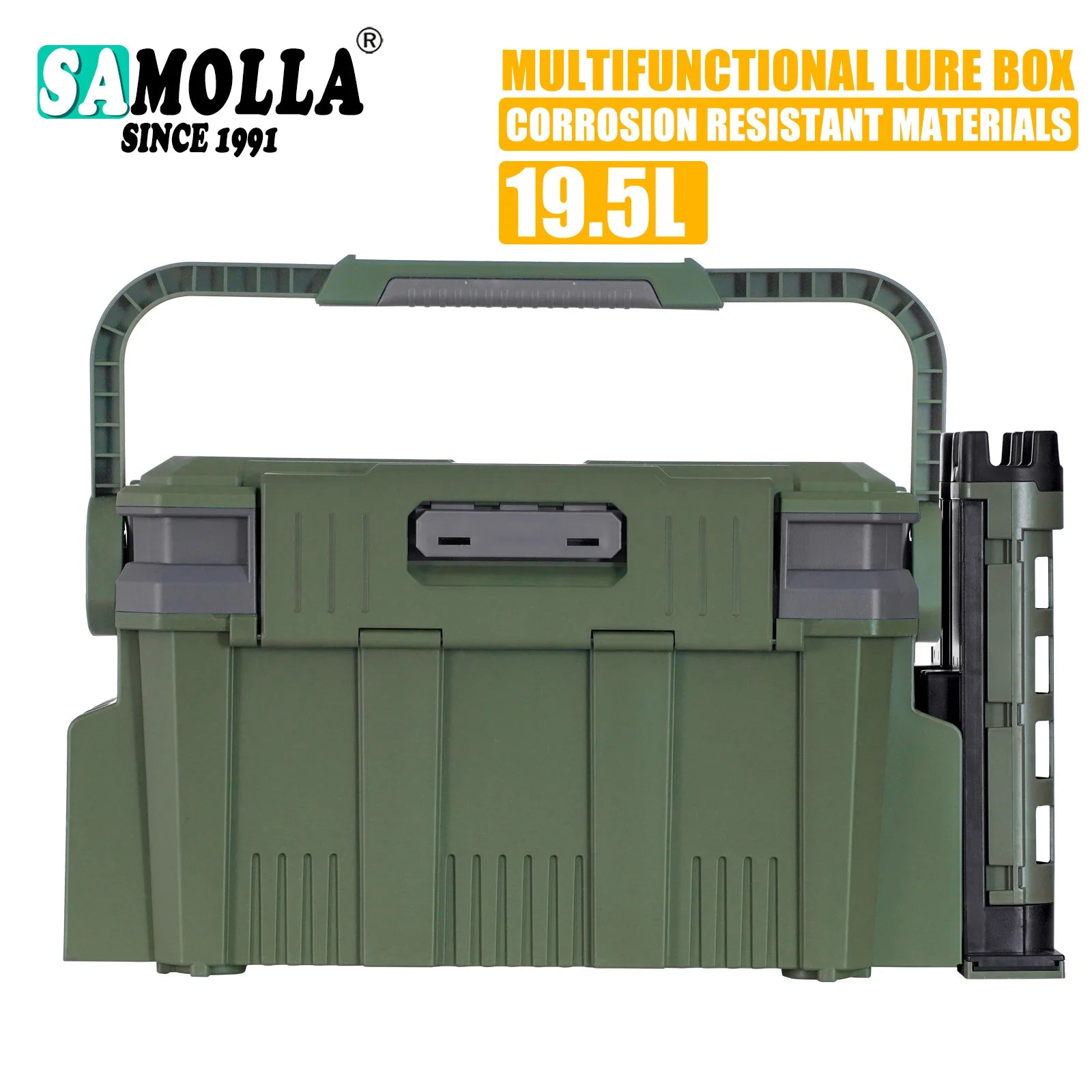 Hộp đựng mồi đa năng màu xanh lá, dung tích 19.5L, có tay cầm và chống ăn mòn.