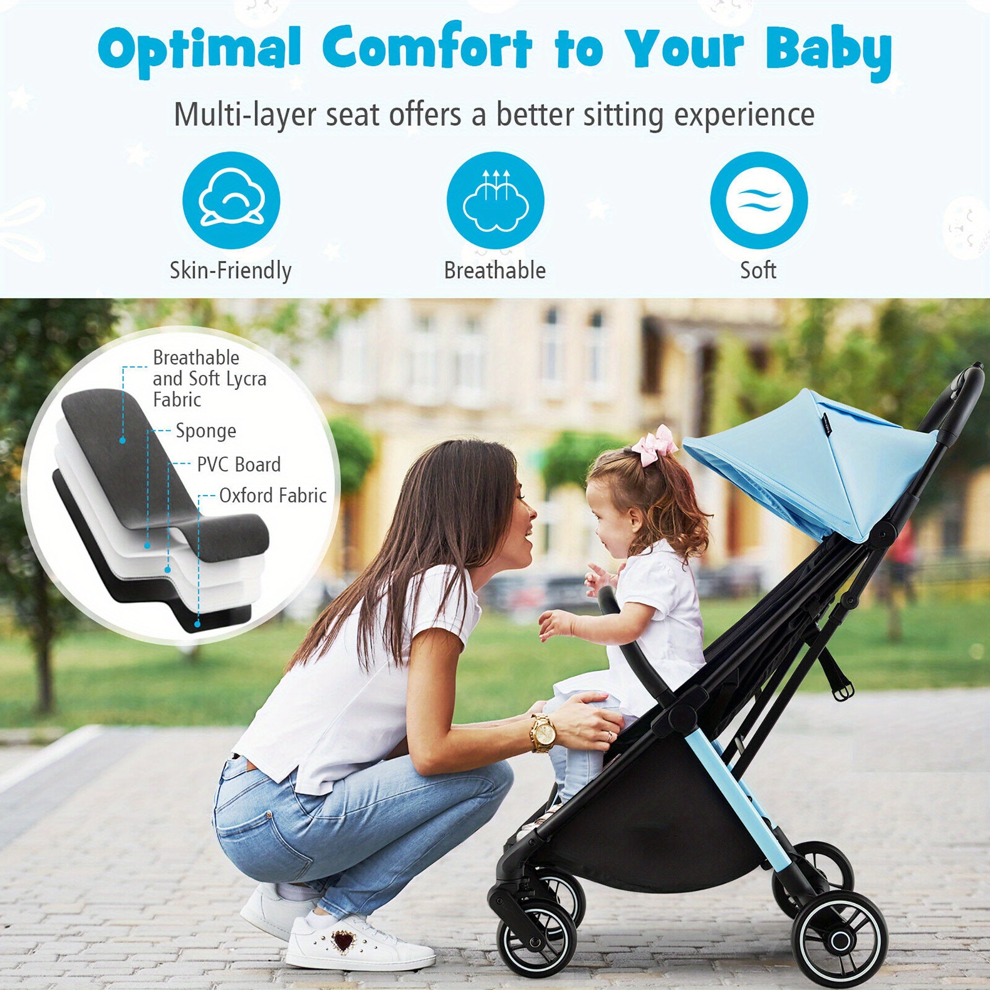 Xe đẩy em bé Gymax gấp gọn khung nhôm xanh tiện lợi - Daisan Mart
