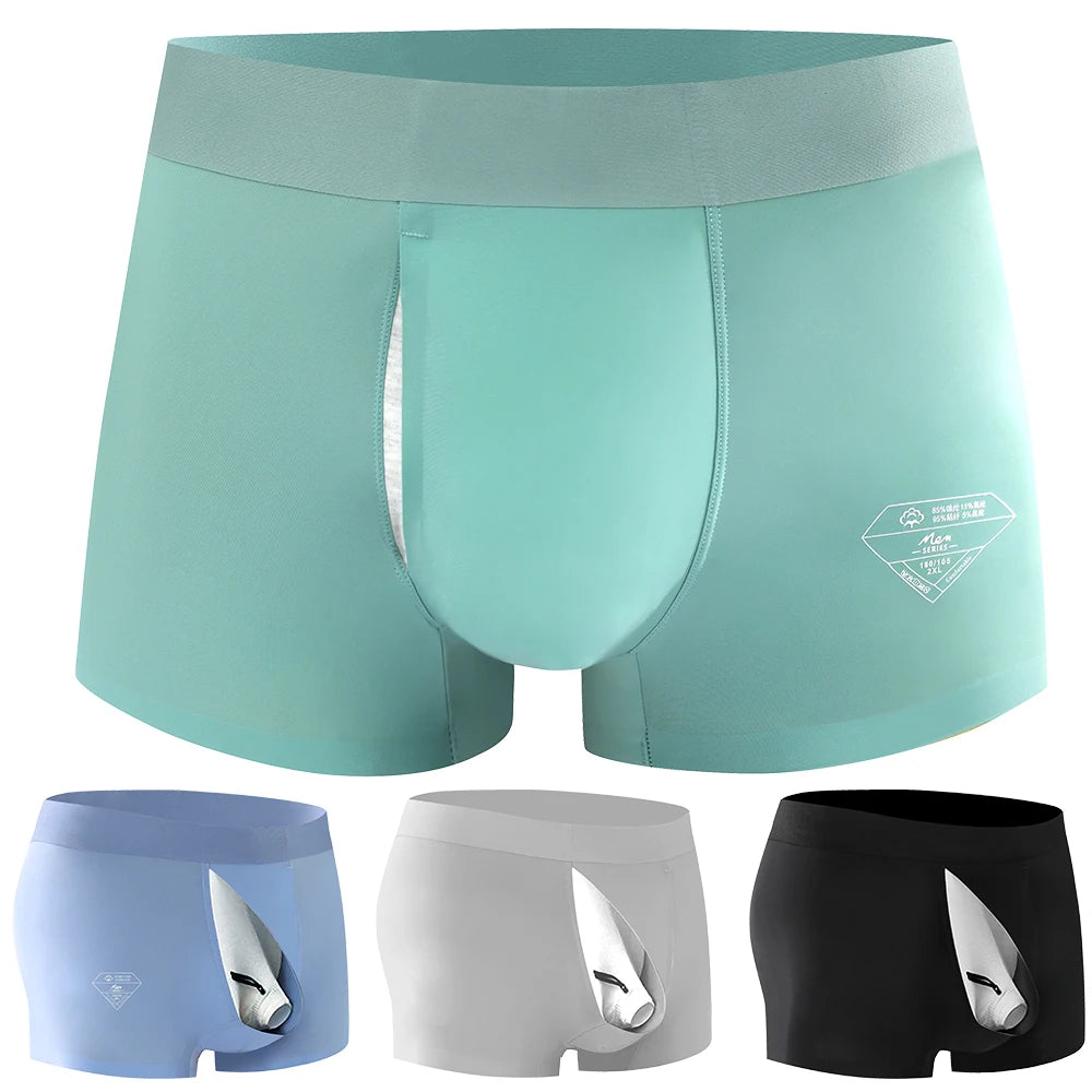 Bốn chiếc quần lót nam màu xanh mint, xanh dương, xám và đen, chất liệu co giãn, logo hình kim cương.