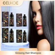 Chai dầu gội nhuộm tóc đen EELHOE, nền trắng, tóc dài suôn mượt, chữ "Choice Ginseng Hair Shampoo".