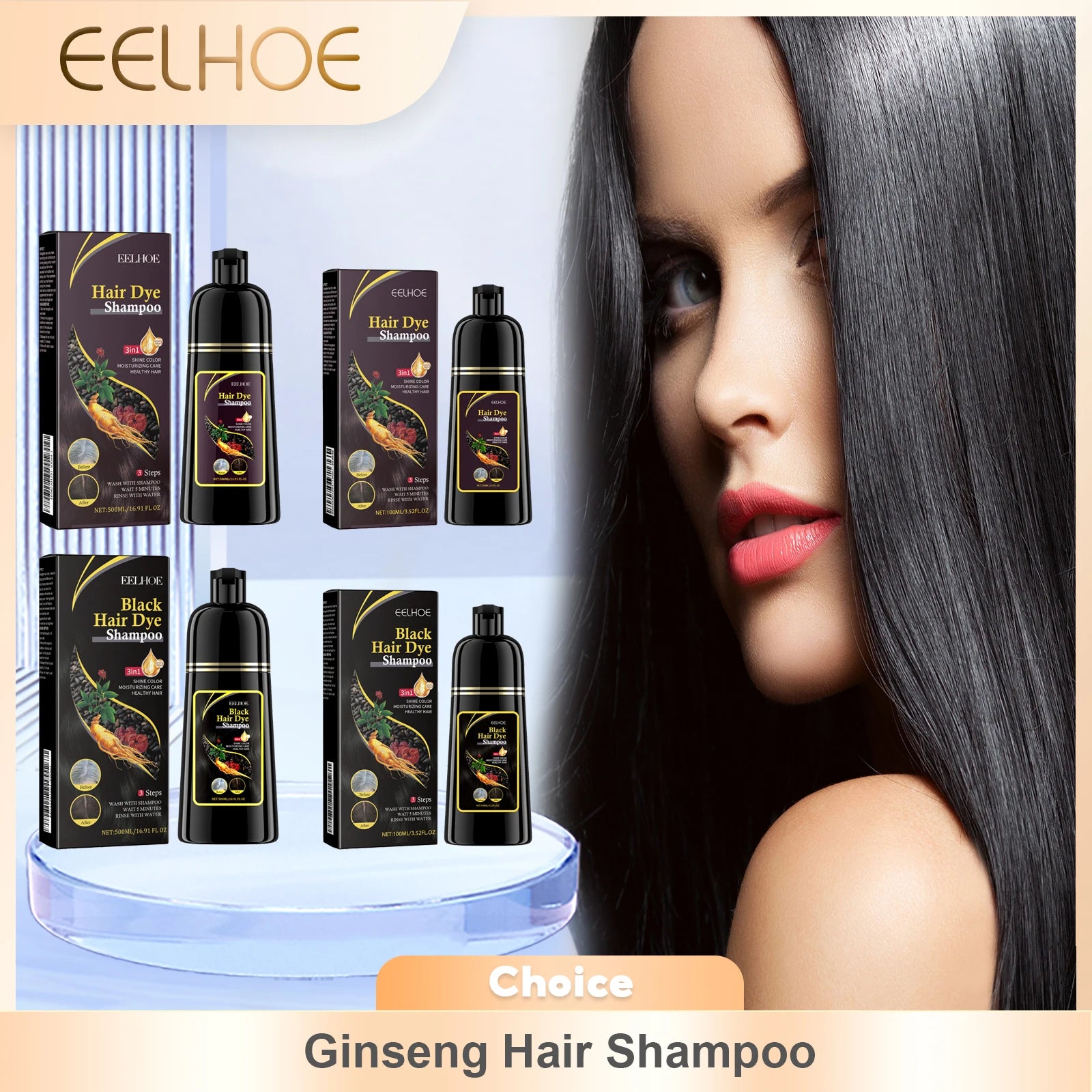 Chai dầu gội nhuộm tóc đen EELHOE, nền trắng, tóc dài suôn mượt, chữ "Choice Ginseng Hair Shampoo".