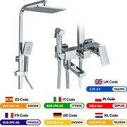 Vòi sen tắm màu bạc, kiểu dáng hiện đại, kèm bảng mã giảm giá cho các quốc gia khác nhau.