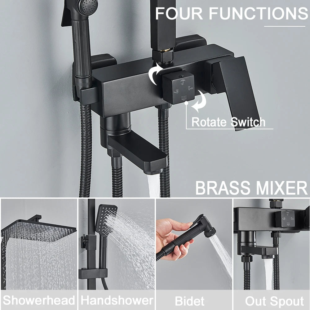 Chrome Brass Shower Faucet Set Rainfall Bathtub Tap With Bathroom Shelf 4 Function Height Adjust Shower Mixer Crane Fast Delivey - Daisan Mart
