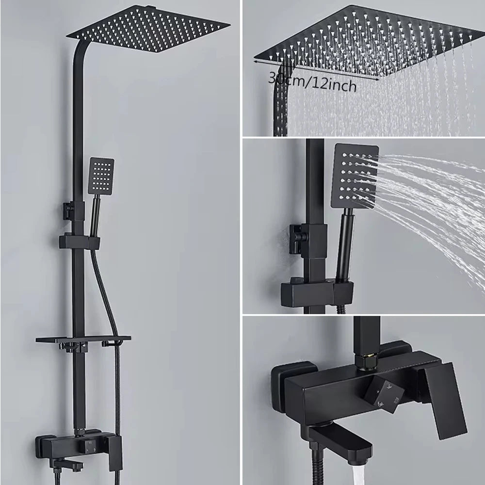 Chrome Brass Shower Faucet Set Rainfall Bathtub Tap With Bathroom Shelf 4 Function Height Adjust Shower Mixer Crane Fast Delivey - Daisan Mart