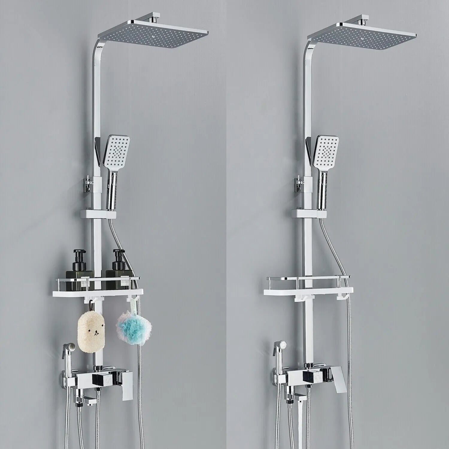 Chrome Brass Shower Faucet Set Rainfall Bathtub Tap With Bathroom Shelf 4 Function Height Adjust Shower Mixer Crane Fast Delivey - Daisan Mart