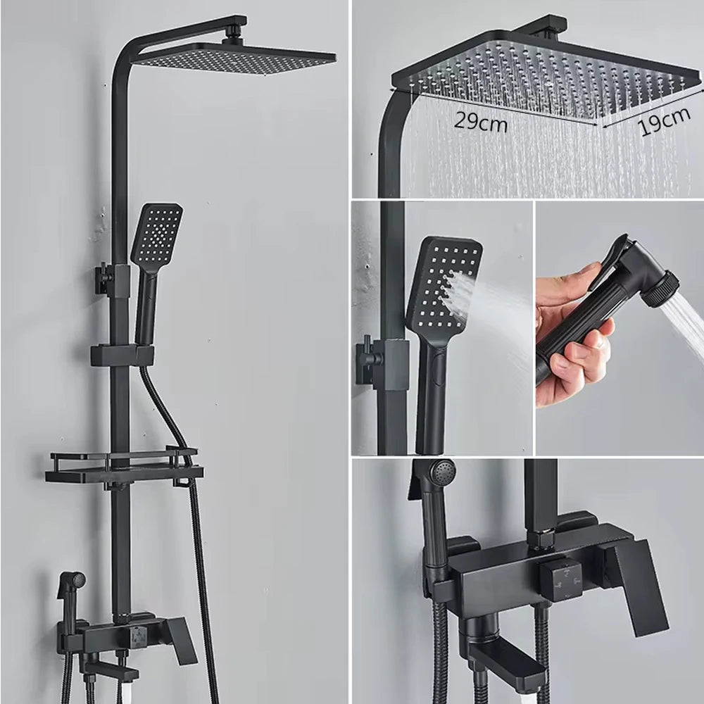Chrome Brass Shower Faucet Set Rainfall Bathtub Tap With Bathroom Shelf 4 Function Height Adjust Shower Mixer Crane Fast Delivey - Daisan Mart