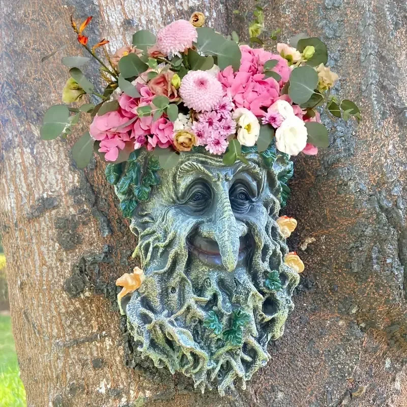 Nature-Themed Tree Spirit Statue Floral-Accented Face for Garden & Outdoor Display Made of Polyresin Art Pattern Flower - Daisan Mart