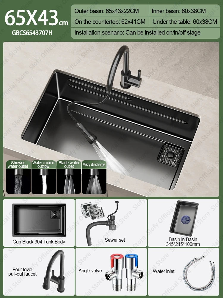 304 Stainless Steel Kitchen Sink Black Single Bowl Thickened Material Wear-Resistant Vegetable Workstation Drainage Accessories - Daisan Mart