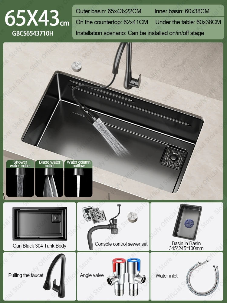 304 Stainless Steel Kitchen Sink Black Single Bowl Thickened Material Wear-Resistant Vegetable Workstation Drainage Accessories - Daisan Mart