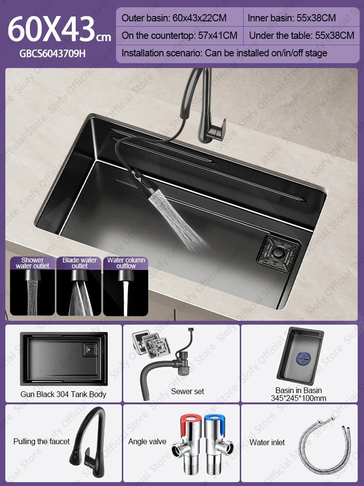 304 Stainless Steel Kitchen Sink Black Single Bowl Thickened Material Wear-Resistant Vegetable Workstation Drainage Accessories - Daisan Mart