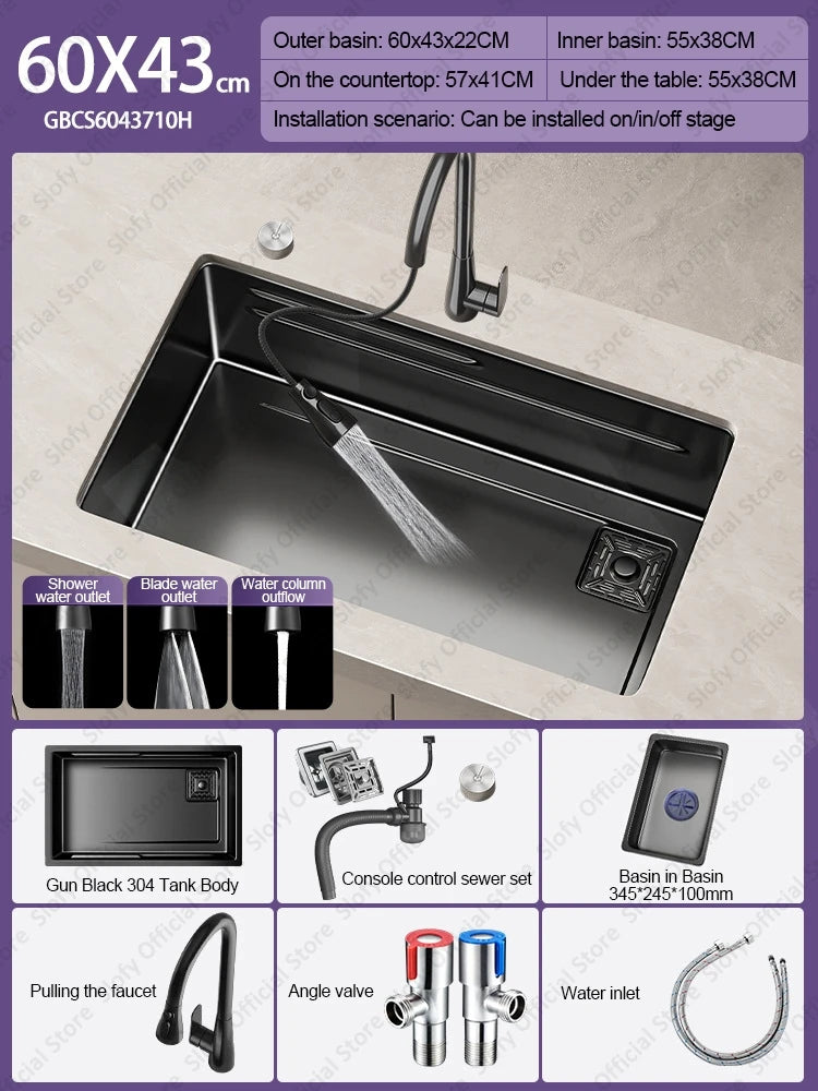 304 Stainless Steel Kitchen Sink Black Single Bowl Thickened Material Wear-Resistant Vegetable Workstation Drainage Accessories - Daisan Mart