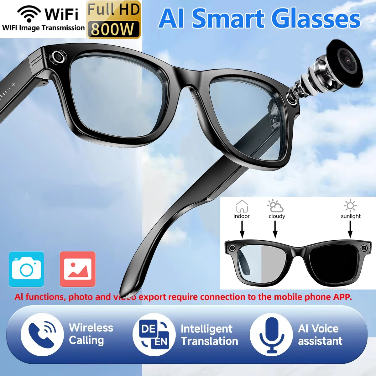 Kính thông minh đen với camera, nền trời xanh, biểu tượng WiFi, Full HD, gọi không dây.