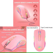 Chuột chơi game có dây màu hồng, đèn LED RGB, nút chỉnh DPI, kích thước 125x70x40mm.