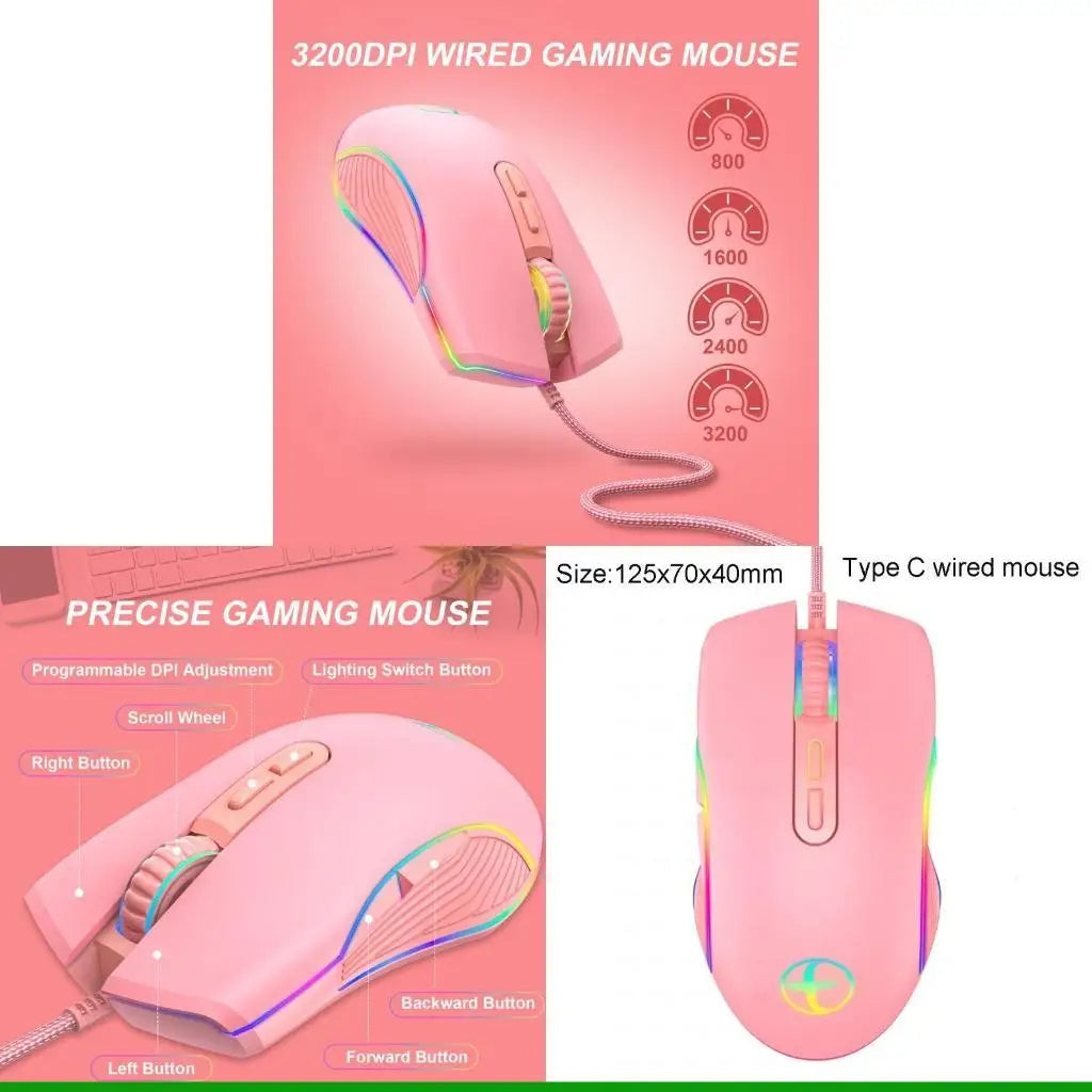 Chuột chơi game có dây màu hồng, đèn LED RGB, nút chỉnh DPI, kích thước 125x70x40mm.