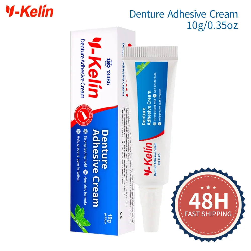 Kem dán răng giả Y-Kelin, tuýp trắng xanh, hộp đứng, biểu tượng giao hàng nhanh 48H.