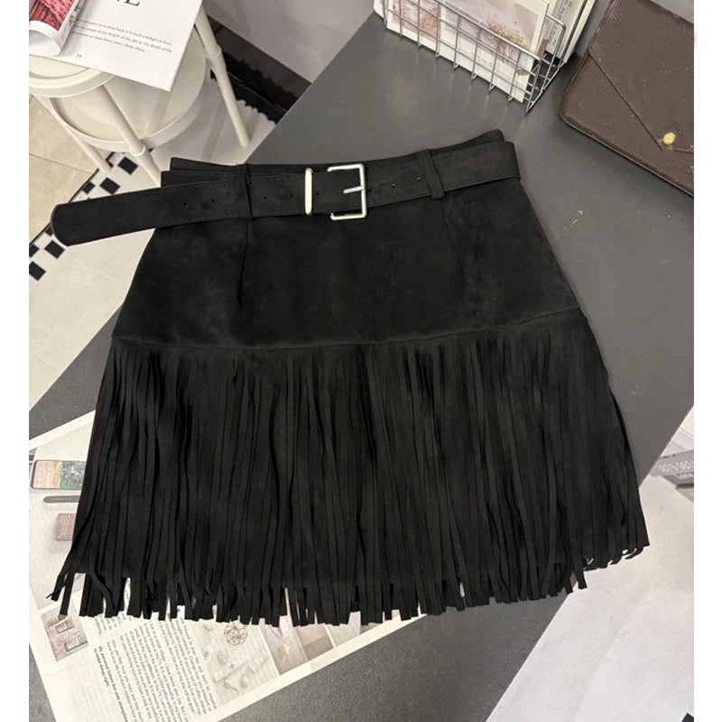 MEXZT Vintage Suede Mini Skirt Women Y2K Tassel Patchwork Black Hip Wrap Skirts Fall Winter Gyaru Streetwear Korean Slim Faldas - Daisan Mart
