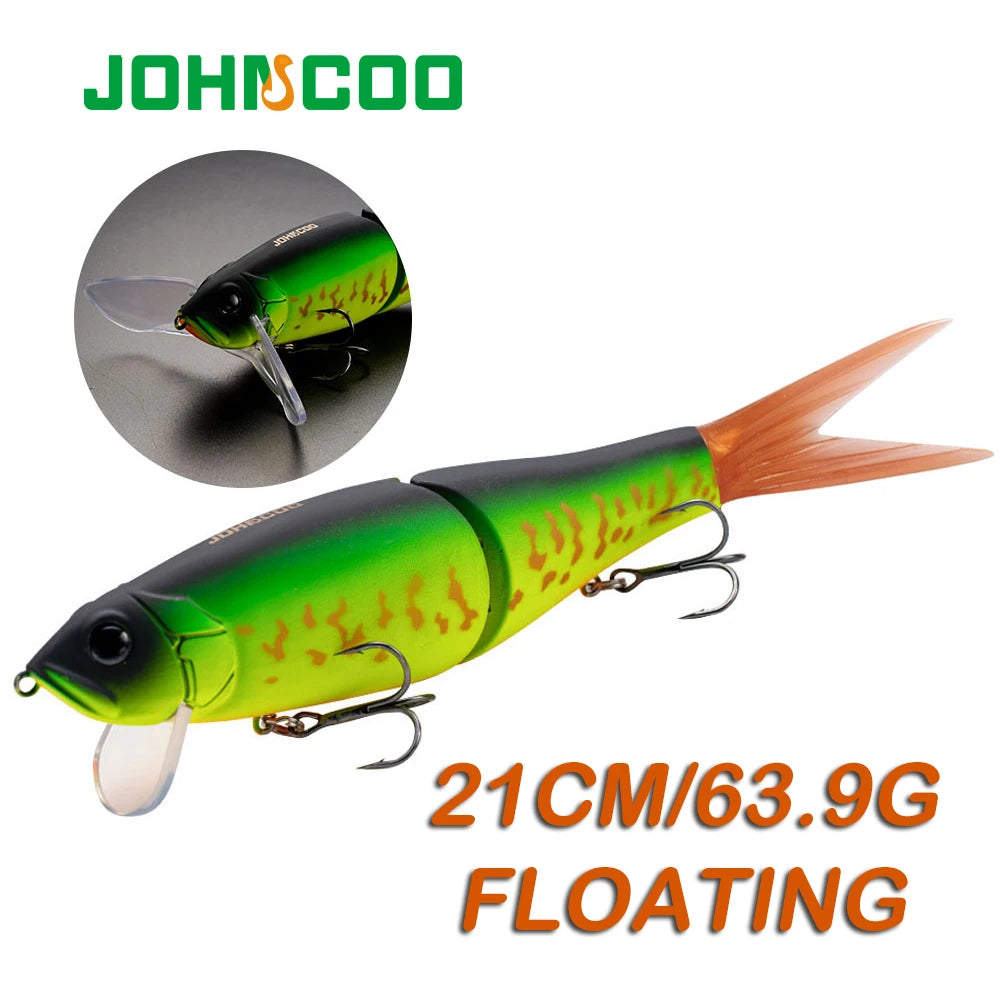 Mồi câu cá nổi màu xanh lá, vàng, đuôi cam, hai lưỡi câu nhọn, dài 21cm, nặng 63.9g.