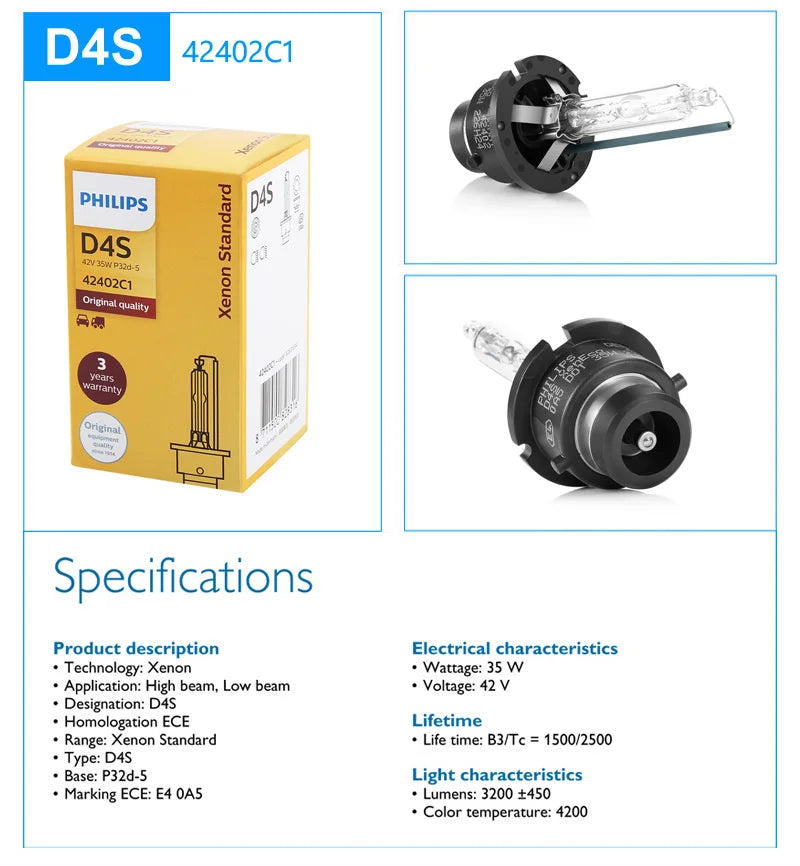 Philips HID D1S D2S D2R D3S D4S D5S 35W Xenon Standard 4200K Auto Original Headlight Car Genuine Bulb Replacement Upgrade, 1pcs - Daisan Mart