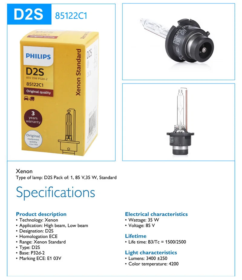 Philips HID D1S D2S D2R D3S D4S D5S 35W Xenon Standard 4200K Auto Original Headlight Car Genuine Bulb Replacement Upgrade, 1pcs - Daisan Mart