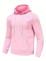 Áo hoodie màu hồng nhạt, có mũ và túi trước, dây rút màu trắng.