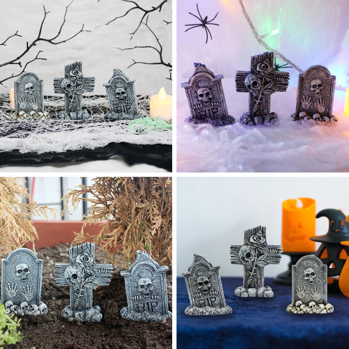3-piece set of tombstone resin crafts, terrifying decorative statues in courtyard gardens, Halloween decorative statues, bonsai - Daisan Mart