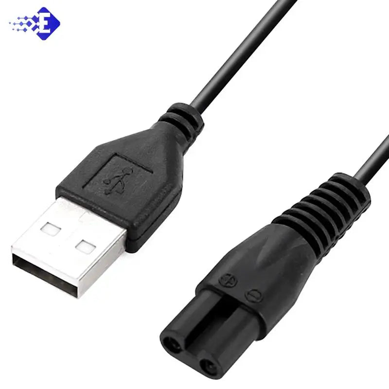 Dây cáp USB màu đen với đầu kết nối USB và đầu 2 chấu tròn, trên nền trắng.
