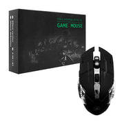 Chuột chơi game màu đen, thiết kế góc cạnh, bên cạnh hộp đen với chữ xanh nổi bật.