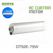 Động cơ rèm trắng Dooya DT52E-75W, logo xanh, chữ "AC Curtain Motor" màu xanh và xám.