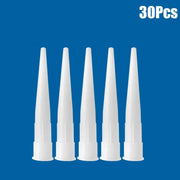 5 đầu ống nhựa trắng thẳng đứng trên nền xanh dương, góc phải có chữ "30Pcs".