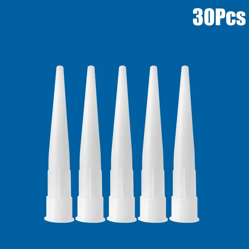 5 đầu ống nhựa trắng thẳng đứng trên nền xanh dương, góc phải có chữ "30Pcs".