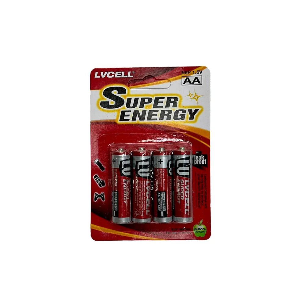 Vỉ pin AA LVCELL Super Energy, màu đỏ đen, chữ trắng, 1.5V, chống rò rỉ.