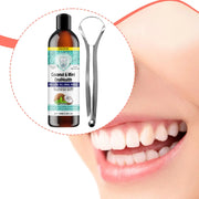 Chai dầu dừa bạc hà và dụng cụ cạo lưỡi kim loại, bên cạnh nụ cười rạng rỡ.