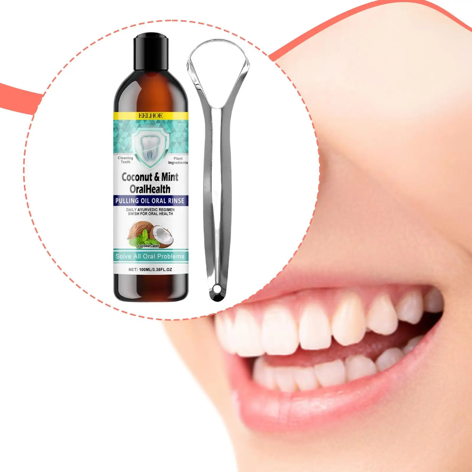 Chai dầu dừa bạc hà và dụng cụ cạo lưỡi kim loại, bên cạnh nụ cười rạng rỡ.