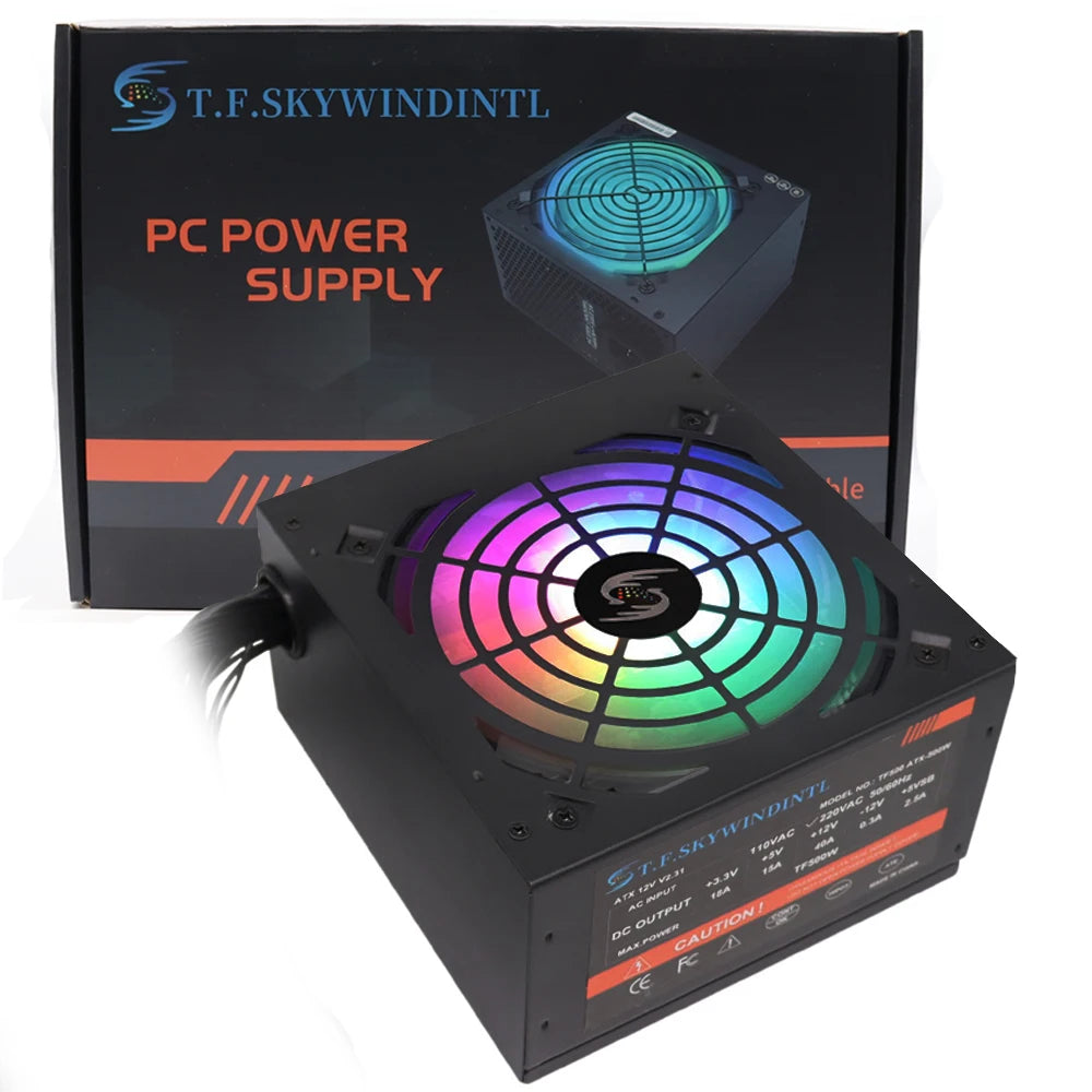 Nguồn máy tính với quạt LED RGB nhiều màu, hộp màu đen có chữ "PC Power Supply".