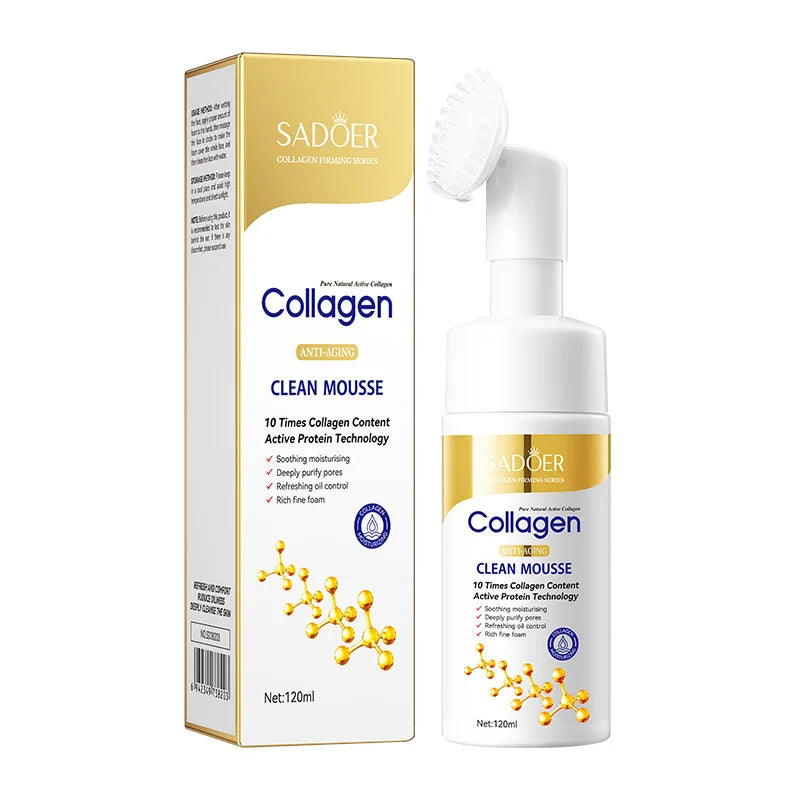Chai mousse collagen chống lão hóa có nắp chải trắng, hộp vàng trắng, dung tích 120ml.