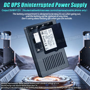 Nguồn điện dự phòng DC UPS màu đen, nền xanh, chữ màu xanh và trắng.