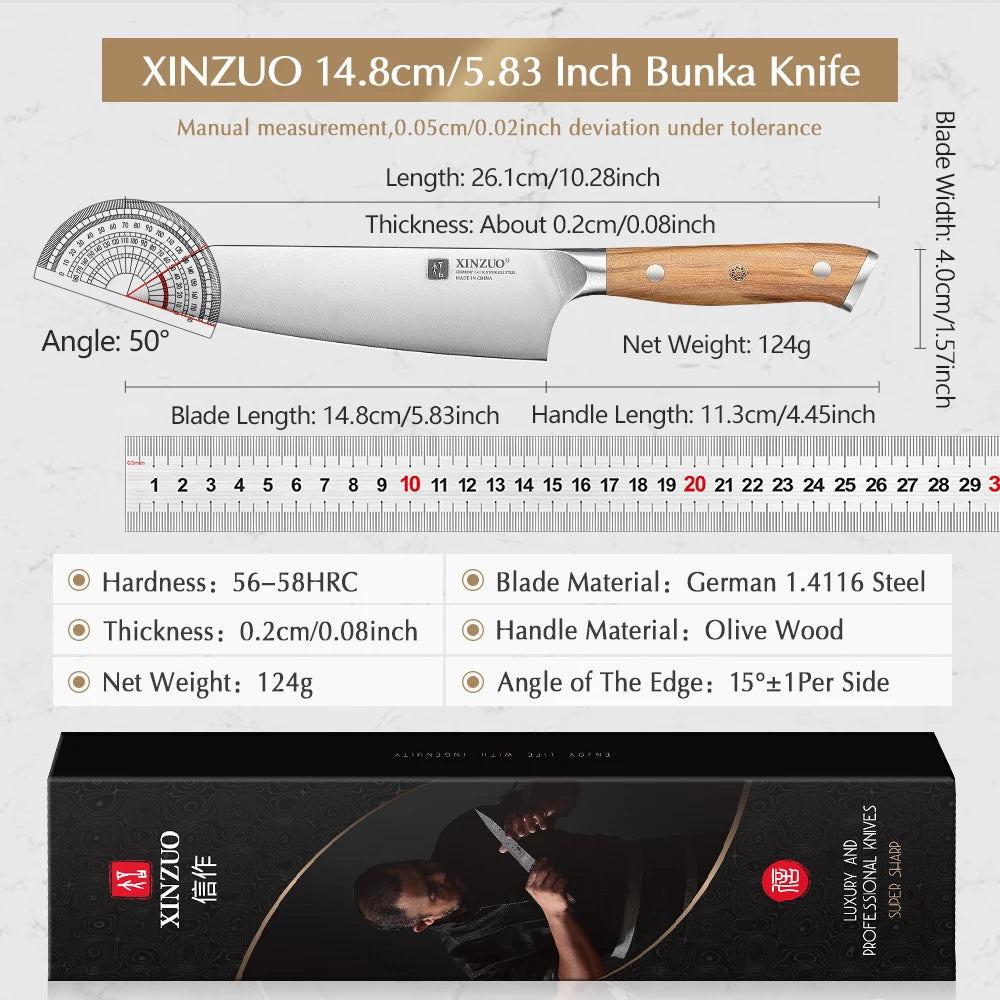 XINZUO 5.83 Inch Bunka Chef Knife German DIN 1.4116 Steel 56±2 HRC 15°±1 Edges Olive Wood Handle Copper Rivets with Gift Box - Daisan Mart