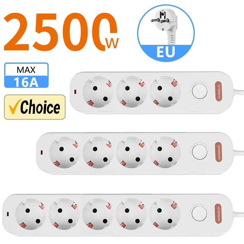 Ổ cắm điện 5 lỗ màu trắng, công suất 2500W, chuẩn EU, tối đa 16A.