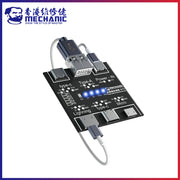 Bảng mạch điện tử với nhiều cổng cắm, đèn LED xanh, chữ trắng trên nền đen.