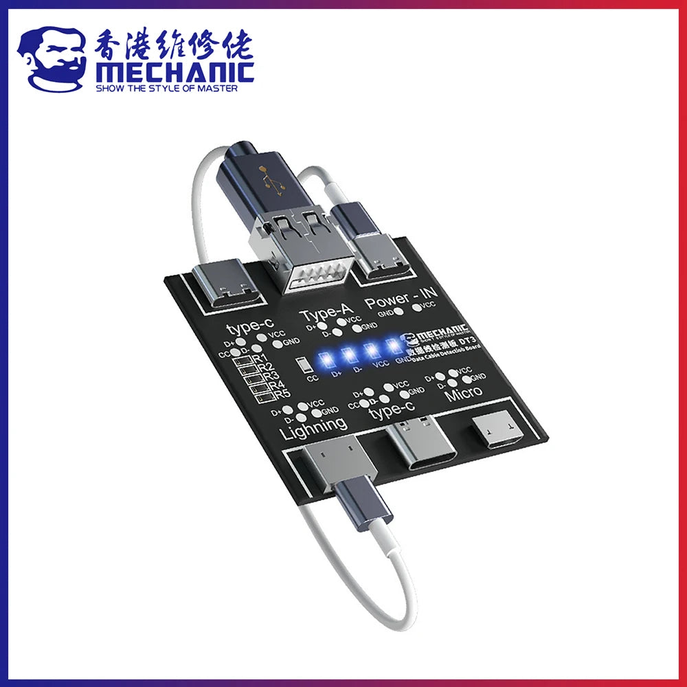 Bảng mạch điện tử với nhiều cổng cắm, đèn LED xanh, chữ trắng trên nền đen.