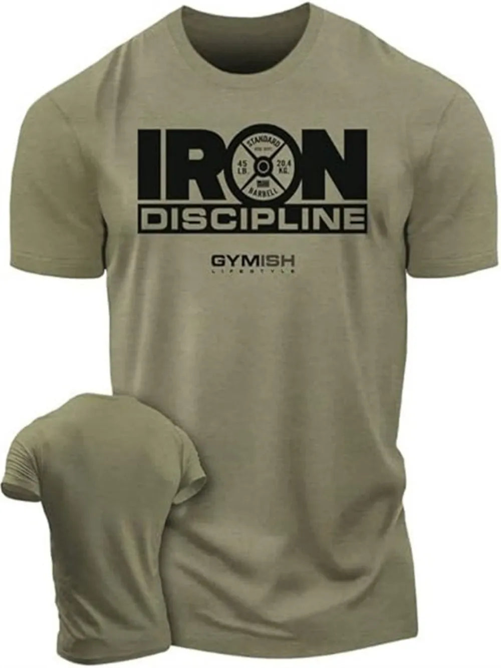 Áo thun màu ô liu, chữ đen "IRON DISCIPLINE," hình tạ, chữ "GYMISH LIFESTYLE" phía dưới.
