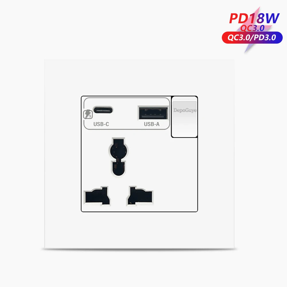 Universal 18W Type-C Plug Quick Charging Dual 3-pin Power Socket 220V,Wall electrical Socket with DC 5V 3.1A Type-c USB Charger - Daisan Mart