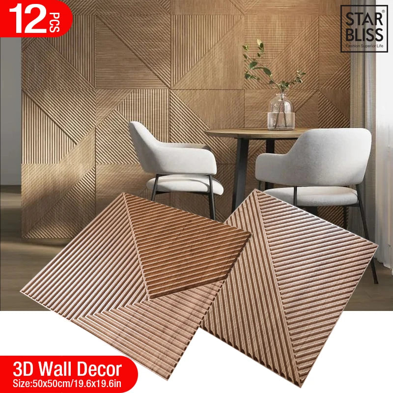 Tường trang trí 3D nâu, họa tiết sọc chéo; ghế trắng, bàn tròn đen, cây xanh nhỏ.