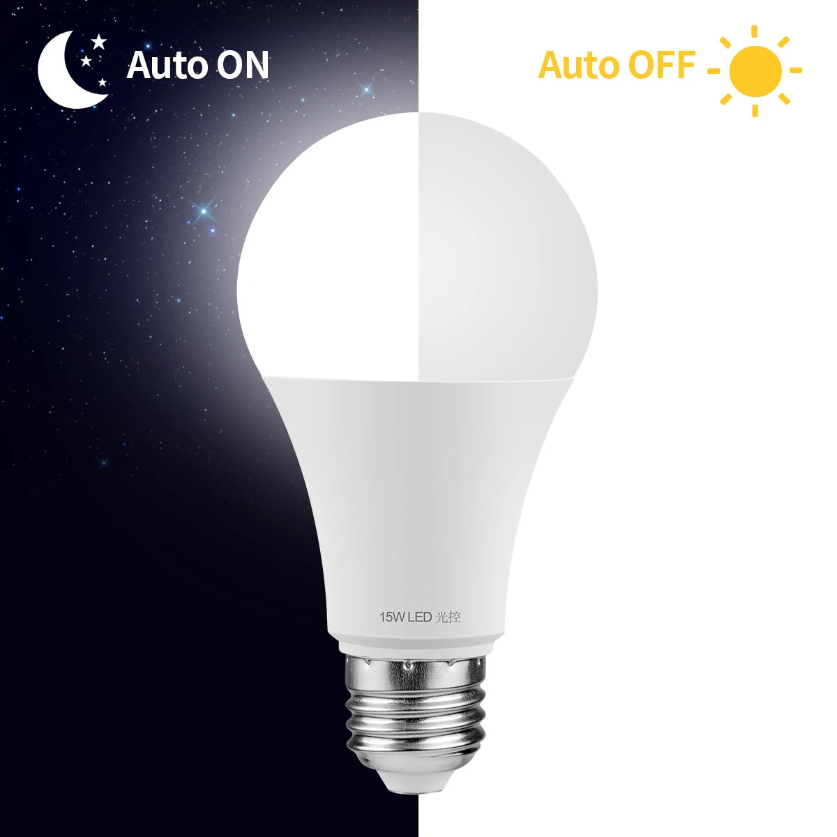 Bóng đèn LED trắng chia đôi nền đêm và ngày, chữ Auto ON và Auto OFF.