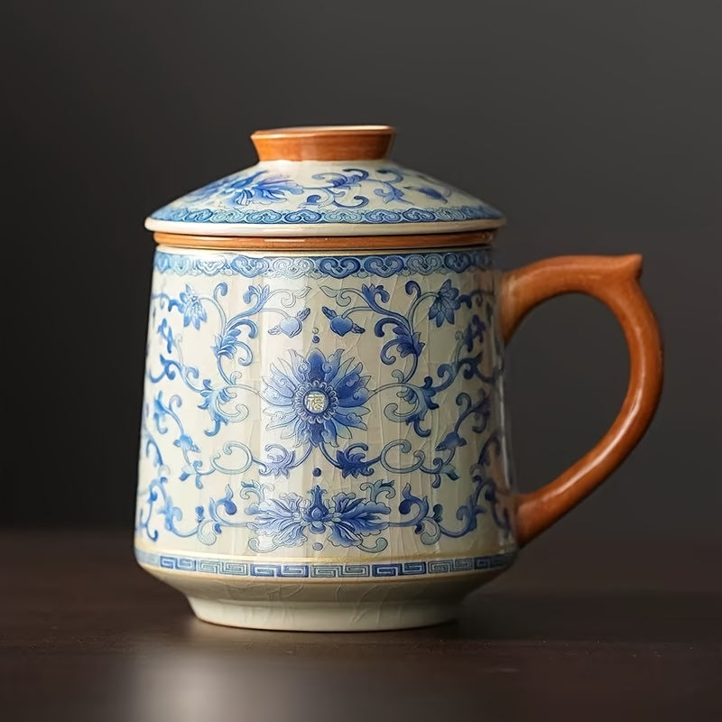 藍白汝家茶杯附蓋 - 花卉咖啡杯，手工製作，傳統中式設計，適合家庭和辦公室使用，僅限手洗，咖啡杯