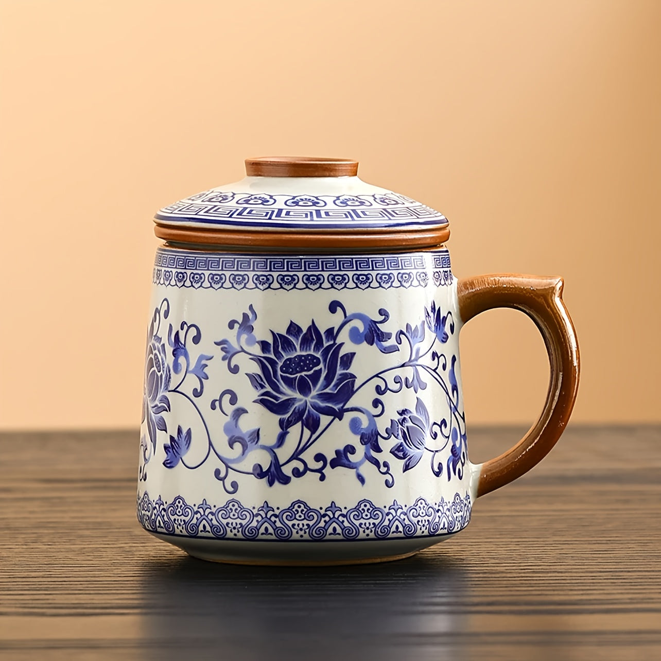 藍白汝家茶杯附蓋 - 花卉咖啡杯，手工製作，傳統中式設計，適合家庭和辦公室使用，僅限手洗，咖啡杯