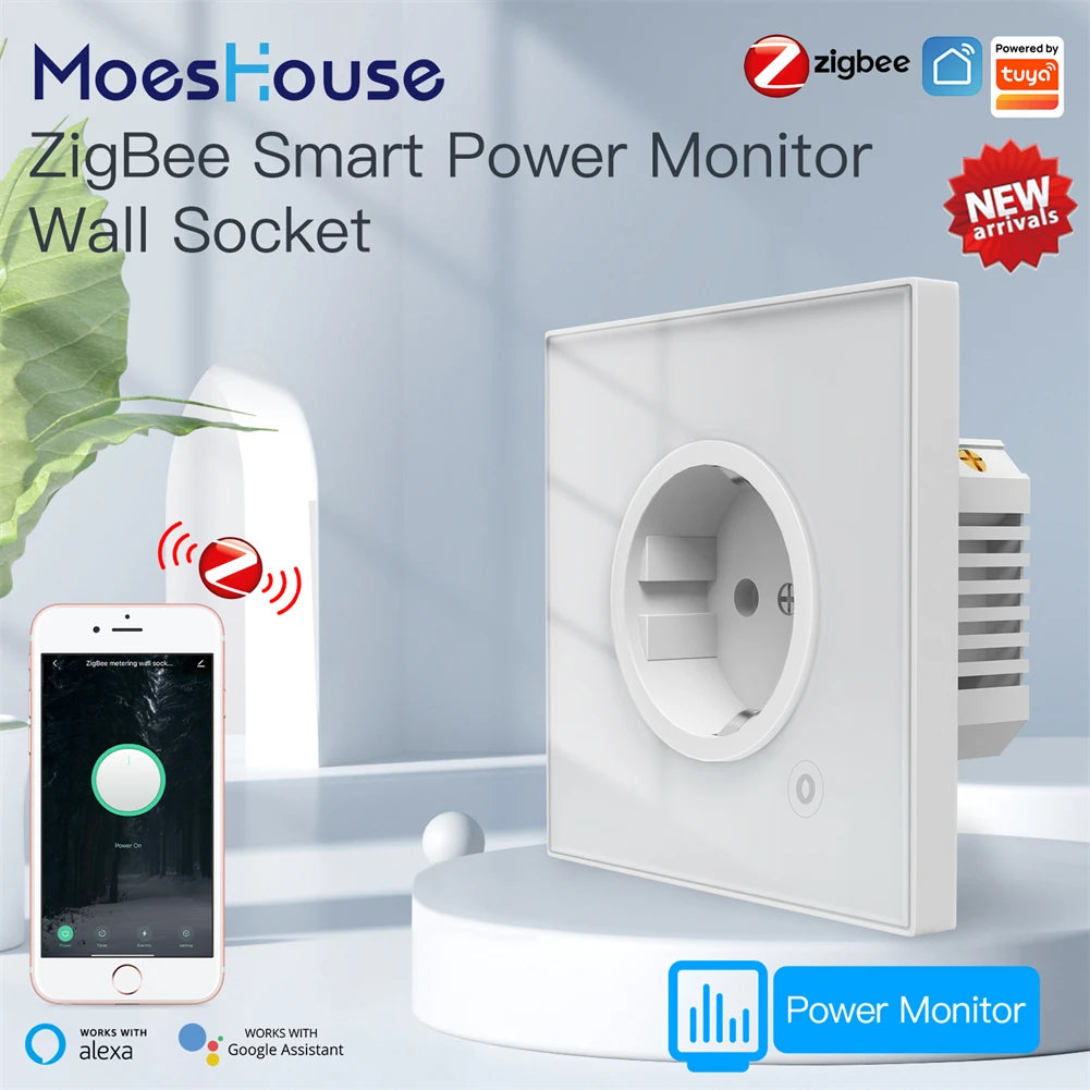 Ổ cắm điện ZigBee màu trắng trên nền xanh nhạt, kèm điện thoại hiển thị ứng dụng.