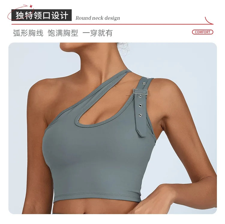 Yoga Tank Top with Built-in Bra Asymmetric Single Shoulder Quick-Dry Breathable High Elasticity Workout Gym Fitness Clothes - Daisan Mart
